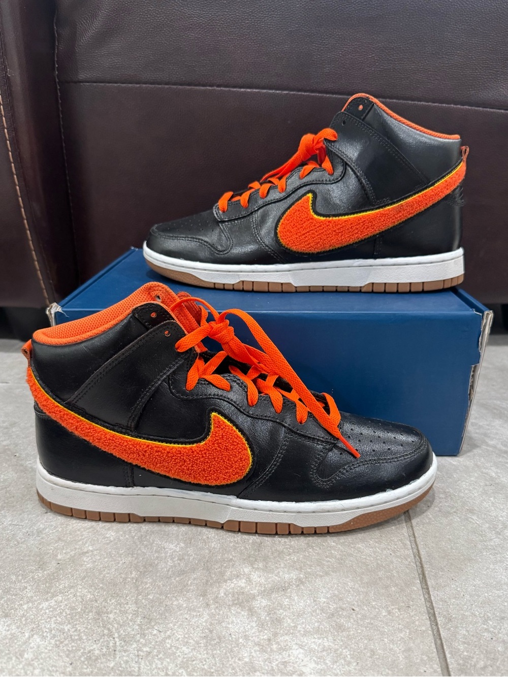 Size 10- Nike Dunk High Chenille Swoosh Black Safety Orange Customized - Picture 2 of 7